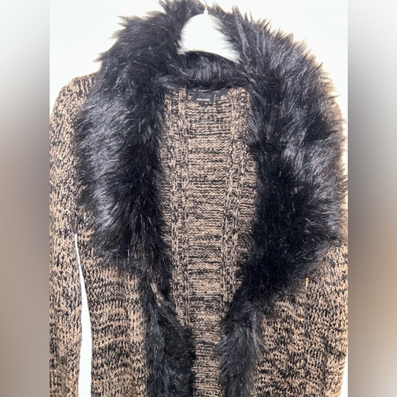 BCBGMaxAzria Brown & Black Faux Fur Trim Long Duster Cardigan. Size small - Picture 2 of 5